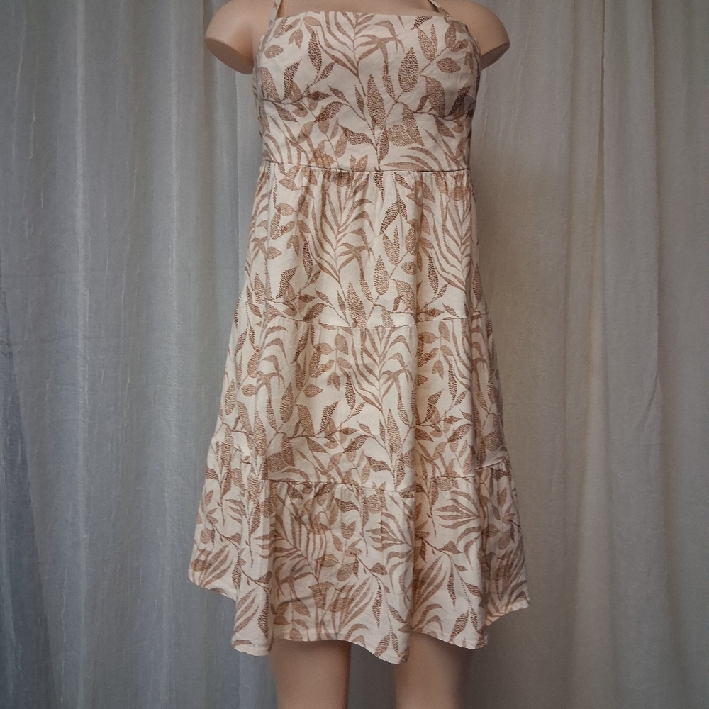 Shore Women Size L Chic Strapless Cream and Brown Leaf Print Dress - Picture 3 of 16
